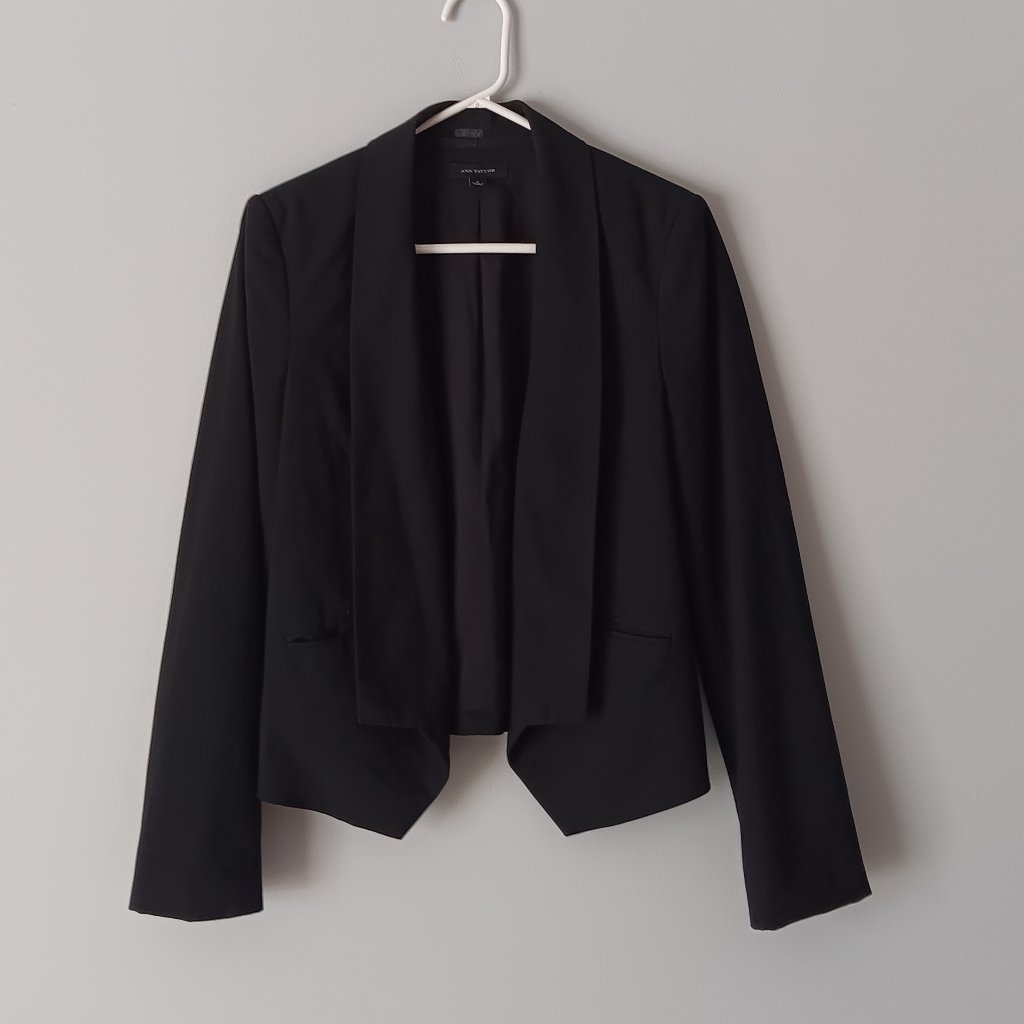 Ann Taylor Open Front Suit Jacket Blazer Pockets Shawl Collar Black Size 8
